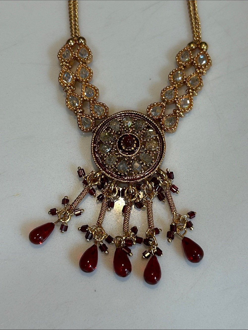 Gold and Ruby Red Statement Pendant Necklace - Women Jewelry